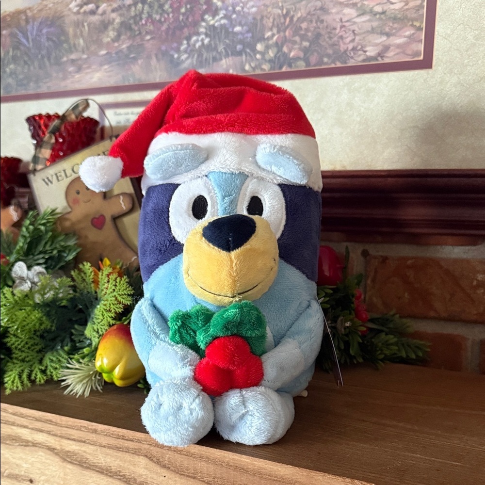 Holiday Plush Bluey Bear with Santa Hat and Heart Accent - Light Blue, Navy, Red